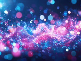 Poster - Abstract landscape of glowing particles in blue and pink hues creating a futuristic and dreamy atmosphere with bokeh lights and a dark background