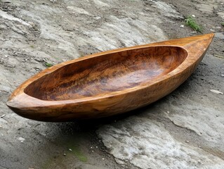Aufkleber - Handcrafted wooden bowl artfully placed on a textured stone surface showcasing natural wood grain and craftsmanship evoking rustic charm and artistic expression in outdoor setting