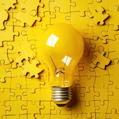 Poster - Creative solution concept represented by a lightbulb placed on a yellow puzzle background symbolizing innovation and problem solving with a bright and vibrant mood