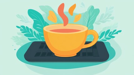 Poster - Serene morning with hot beverage on laptop amid lush foliage backdrop creating cozy workspace vibe