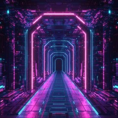 Leinwandbilder - Futuristic corridor with neon lights and digital architecture creating a technological atmosphere and a sense of depth with a dark blackground and a low angle view