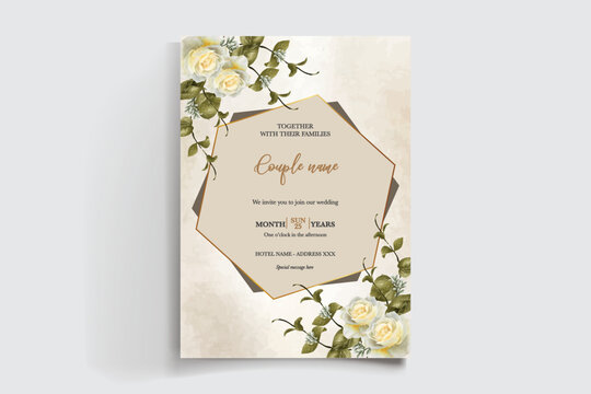 WEDDING INVITATION FRAME WITH FLOWER DECORATIONS AND FRESH LEAVES