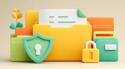 Poster - Colorful folders, documents, a shield, and a lock symbolize data security and organized digital file protection.