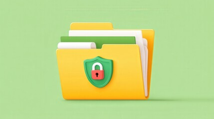 Poster - A yellow file folder with a green shield and padlock symbol, representing secure and protected data, on a green background.