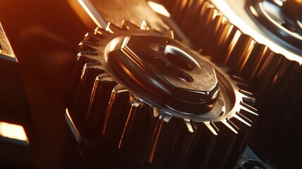 Poster - Close up of metal gears with intricate teeth and warm lighting showcasing engineering precision and industrial design for mechanical concepts and technological advancement