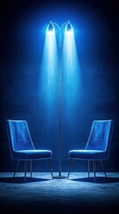 Poster - Elegant blue ambiance featuring two velvet chairs illuminated by a stylish chrome floor lamp creating a modern and inviting space with a touch of sophistication