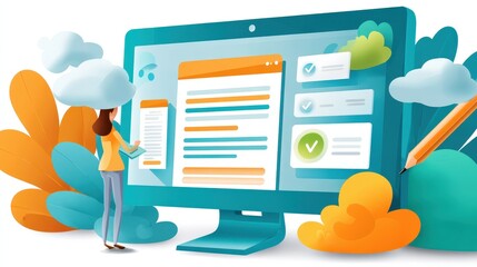 Poster - A woman interacts with a large computer screen displaying colorful digital documents and checklists surrounded by abstract nature elements.