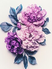 Aufkleber - Elegant floral arrangement featuring soft purple and pink peonies with contrasting blue green leaves against a clean white background creating a serene and artistic mood