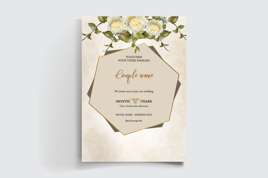 WEDDING INVITATION FRAME WITH FLOWER DECORATIONS AND FRESH LEAVES