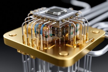 Poster - A gold colored electronic device with many wires and a small gold square on top. The device is very intricate and detailed