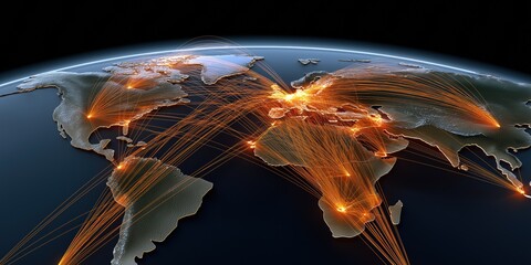 Fototapete - a globe with many lights on it, representing the world's airports. the globe is lit up in a dark bac