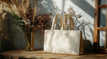 Poster - Rustic Still Life Two Beige Tote Bags on Wooden Table with Dried Flowers and Shadow Play Natural Light Eco Friendly Concept