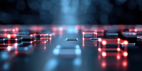 Fototapete - A computer screen with a grid of squares and lines. The squares are red and white and the lines are blue