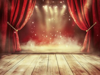 Poster - Dramatic stage with red velvet curtains and wooden floorboards evoking theater performance magic and bright spotlight illumination for entertainment event