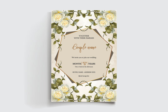 WEDDING INVITATION FRAME WITH FLOWER DECORATIONS AND FRESH LEAVES