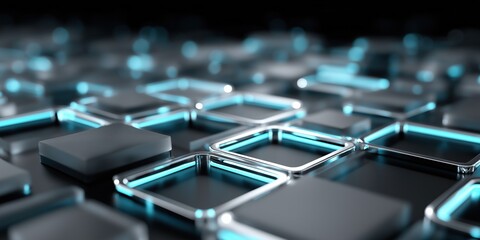 Fototapete - A close up of a computer screen with a blue and silver grid of squares. The squares are all different sizes and are illuminated. The image gives off a futuristic and technological vibe