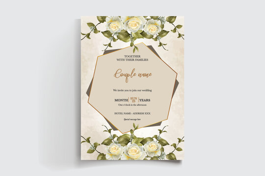 WEDDING INVITATION FRAME WITH FLOWER DECORATIONS AND FRESH LEAVES