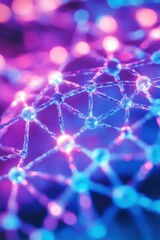 Poster - Molecular network structure with vibrant neon light illuminating interconnected nodes and lines creating a futuristic abstract design for science and technology concepts