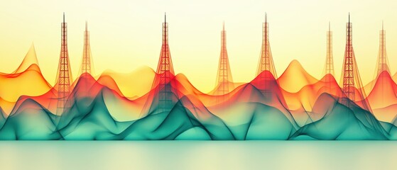 Poster - Abstract communication towers landscape with vibrant colors and flowing lines creating a modern and artistic representation of connectivity in a digital world