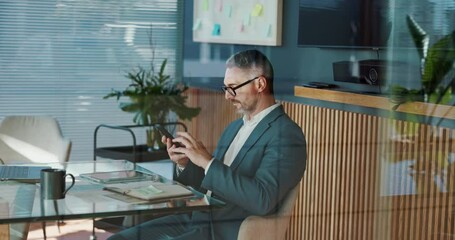 Poster - Business, smartphone and man in office, internet and financial advisor with email notification. Mature person, employee and accounting in workplace, cellphone and mobile user with message to contact