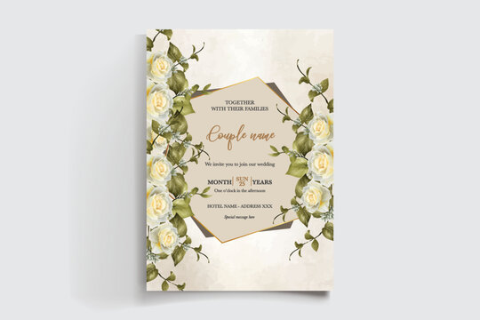 WEDDING INVITATION FRAME WITH FLOWER DECORATIONS AND FRESH LEAVES