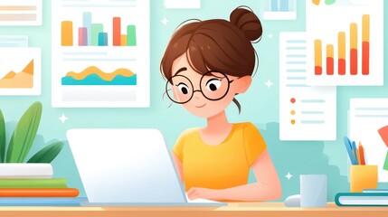 Poster - A young woman works at a laptop in a bright office filled with colorful charts, plants, and books, suggesting productivity and data analysis.