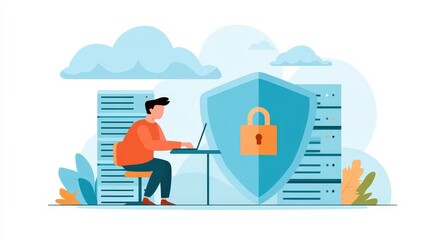 Poster - A person working on a laptop is protected by a shield with a lock, symbolizing cybersecurity and data protection.