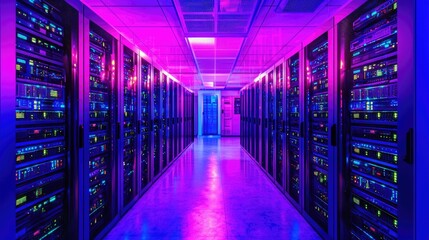 Aufkleber - Purple-lit futuristic data center with glowing lights and modern servers, suitable for cloud environments, cyber infrastructure, and AI systems