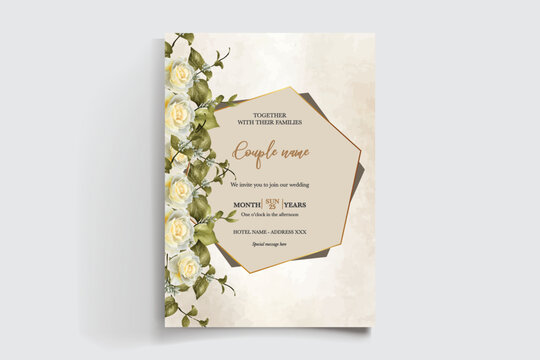 WEDDING INVITATION FRAME WITH FLOWER DECORATIONS AND FRESH LEAVES