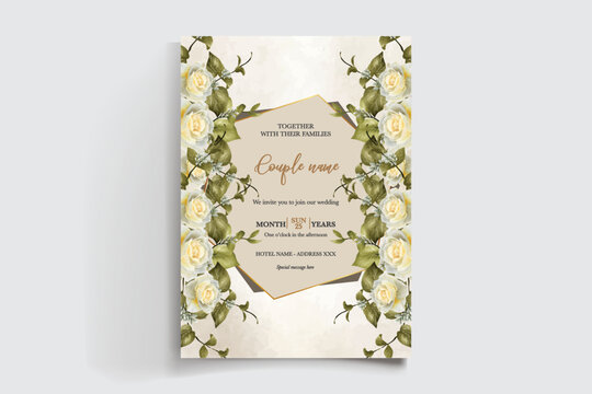 WEDDING INVITATION FRAME WITH FLOWER DECORATIONS AND FRESH LEAVES