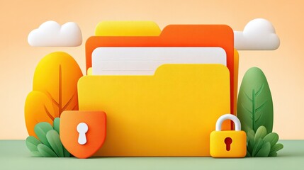Poster - Colorful folders with security icons, surrounded by trees and clouds, symbolizing data protection and privacy.
