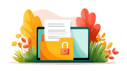 Poster - A yellow folder with a padlock and a document appears on a laptop screen, surrounded by colorful leaves, symbolizing data security.