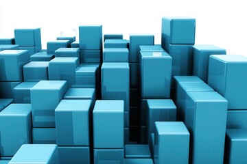 Poster - abstract blue geometric blocks creating a modern cityscape with a bright background
