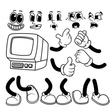 Set of Funny Cartoon Characters Vintage Personal Computer. Cartoon Groovy Body Part Face, Hand, Foot Vector Hand Drawn