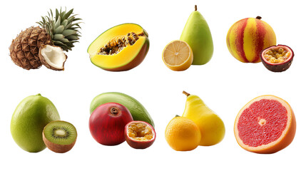 Wall Mural - Fresh and colorful mix of various exotic fruits isolated on white transparent background