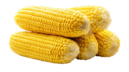 Wall Mural - Golden corn cobs arranged in stack isolated on white transparent background