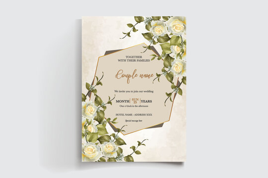 WEDDING INVITATION FRAME WITH FLOWER DECORATIONS AND FRESH LEAVES