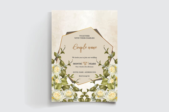WEDDING INVITATION FRAME WITH FLOWER DECORATIONS AND FRESH LEAVES