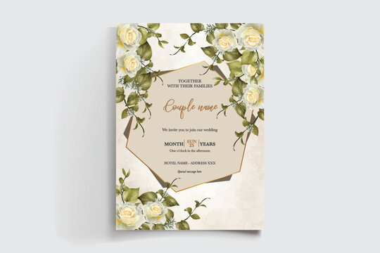 WEDDING INVITATION FRAME WITH FLOWER DECORATIONS AND FRESH LEAVES