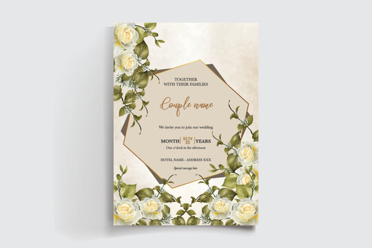 WEDDING INVITATION FRAME WITH FLOWER DECORATIONS AND FRESH LEAVES