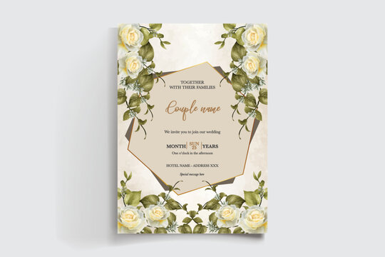 WEDDING INVITATION FRAME WITH FLOWER DECORATIONS AND FRESH LEAVES