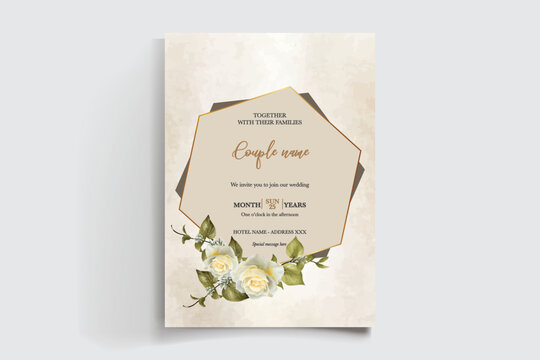 WEDDING INVITATION FRAME WITH FLOWER DECORATIONS AND FRESH LEAVES