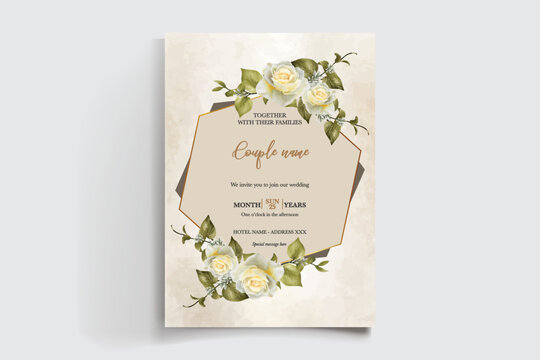 WEDDING INVITATION FRAME WITH FLOWER DECORATIONS AND FRESH LEAVES