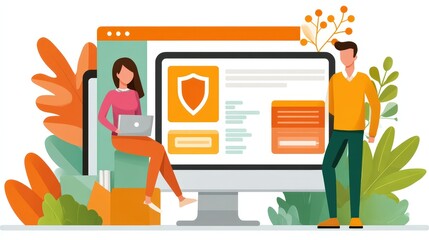 Poster - A woman with a laptop and a man stand beside a large computer screen displaying security icons, surrounded by colorful foliage.