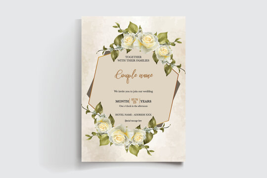 WEDDING INVITATION FRAME WITH FLOWER DECORATIONS AND FRESH LEAVES