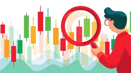 Poster - A person analyzes colorful candlestick charts with a magnifying glass, representing financial or stock market analysis.