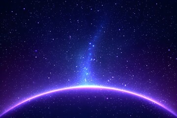 Wall Mural - A vibrant purple planet's horizon glows with cosmic energy, stars twinkling in the dark expanse above