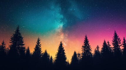 Wall Mural - Vibrant milky way galaxy illuminating dark forest silhouette