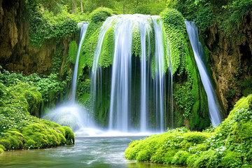 Poster - Serene waterfall cascading down moss-covered rocks, creating a tranquil, natural scene symbolizing peace, purity, and the beauty of nature