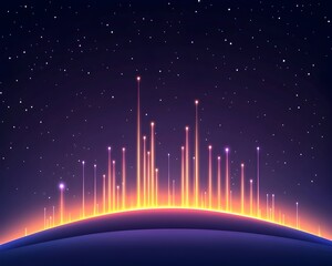 Wall Mural - Glowing orange and pink lines ascend from a dark, curved horizon against a starry, purple-blue night sky